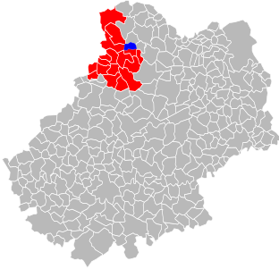 Mapa zobrazující modře oblast Mayrac a červeně oblast kantonu Souillac v oddělení Lot.