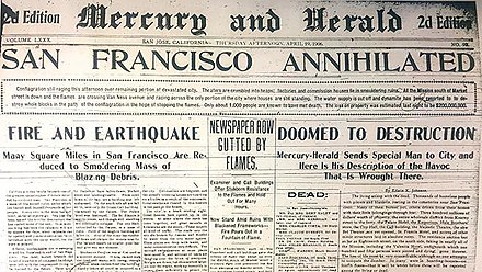 The Mercury and Herald front page on the afternoon of April 19, 1906, describes the state of destruction after the earthquake in San Francisco, including the destruction of the Examiner and Call buildings.