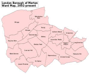 A map showing the wards of Merton from 2002 to 2022 Merton London UK labelled ward map 2002.svg