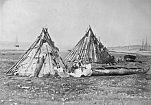 Mi'kmaq camp in Sydney, Cape Breton Island, Nova Scotia photographed by Paul-Emile Miot in 1857. Micmac camp.jpg