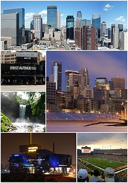 Clockwise from top: Downtown Saint Anthony, Downtown East from the Stone Arch Bridge, TCF Bank Stadium, the Guthrie Theater, Minnehaha Falls, and First Avenue nightclub.