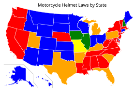 Motorcycle helmet laws of the U.S. by state (As of June 2022):
.mw-parser-output .legend{page-break-inside:avoid;break-inside:avoid-column}.mw-parser-output .legend-color{display:inline-block;min-width:1.25em;height:1.25em;line-height:1.25;margin:1px 0;text-align:center;border:1px solid black;background-color:transparent;color:black}.mw-parser-output .legend-text{}
optional (no law is in place)
required for those under 18
required for those under 19
required for those under 21
required for those under 26
required regardless of age Motorcycle Helmet Laws in the US by State.svg