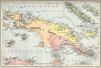 An 1884 map of New Guinea; the Star Mountains are shown in the centre of the island, crossed by the border New Guinea and New Caledonia 1884 (Papua New Guinea).jpg