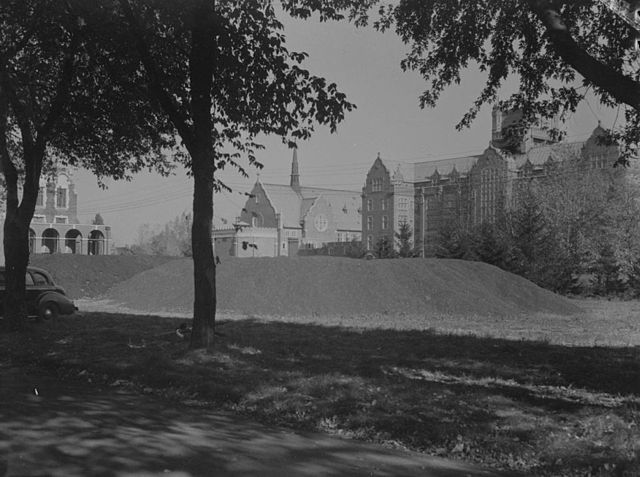 Loyola College in 1943 with stored coal in front