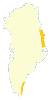 Territories of Eastern Greenland claimed by Norway until the 1933 Permanent Court of International Justice resolution. Storfjord Station stood roughly between both areas. Norwegian territorial claims in E Greenland 1931 - 1933.png