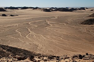 Auch im trockensten Teil der Nubischen Wüste hat es irgendwann geregnet. Von Sturzwasser geformte Rinnen werden wegen des festen Sandbodens nicht durch den Wind verweht. Östlich von Wadi Halfa