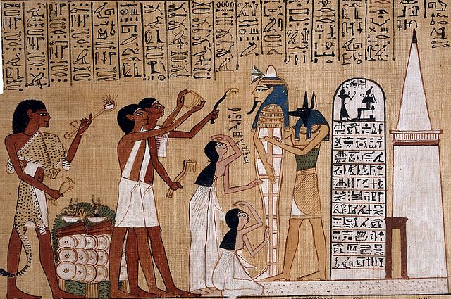 The Opening of the Mouth ceremony being performed on a mummy before the tomb. Extract from the Papyrus of Hunefer, a 19th-Dynasty Book of the Dead (c.
