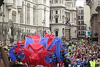 One of the giant lion heads leading the parade at St Clement Danes Church, near Aldwych Our Greatest Team Parade Lion close-up near Aldwych 1.JPG