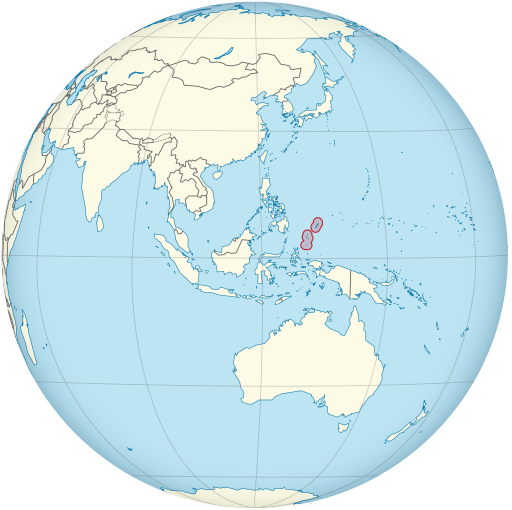 Palau on the globe (Southeast Asia centered) (small islands magnified)