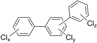 General chemical structure of polychlorinated triphenyls where 0<=x<=5 and 0<=y<=4 and 0<=z<=5 Polychlorinated terphenyl.png