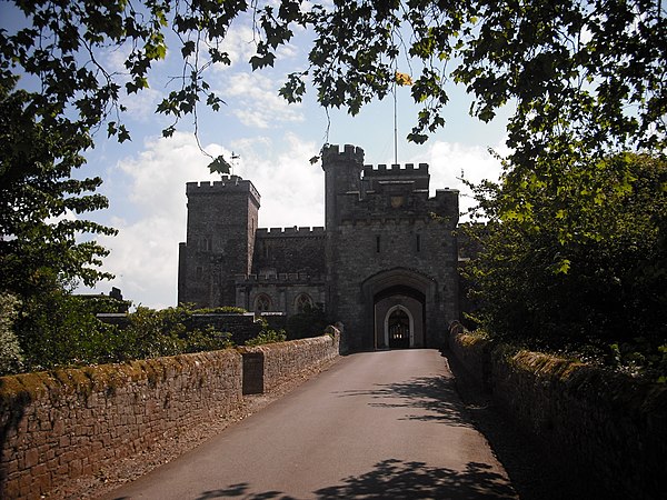 The western entrance of Powderham Castle, as shown in 2010; Bonville attempted to lift Courtenay's siege here on multiple occasions.