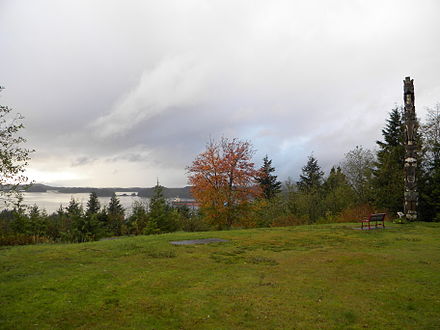 One of the totem poles and view from Totem Park