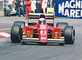 Alain Prost driving the Ferrari 642 at the 1991 Monaco Grand Prix, with a largely unchanged livery from 1976.