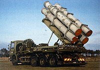 デンマーク海軍の地上発射型ハープーン発射器。RGM-84のキャニスターを大型トラックに搭載したもの。