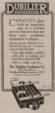 Advert from the 28 December 1923 edition of The Radio Times for Dubilier condensers, for use in wireless receiving sets Radio Times - 1923-12-28 - page 39 - Dubilier.png