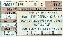 A concert ticket from a 1987 Egyptian Lover performance in Lafayette, Louisiana. Rapp Extravaganza - July 12, 1987 (ticket).jpg