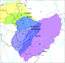 Zones linguistiques du francique lorrain :4 : luxembourgeois 5 : francique mosellan6 : francique rhénan