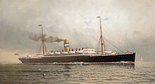 A painting of the third Rotterdam, launched by Harland & Wolff in 1897 Rotterdam 1897 by Fred Pansing.jpg