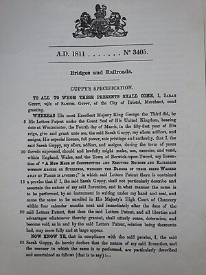 First page of Sarah Guppy's bridge patent of 1811