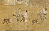洛中洛外図屏風（16世紀）に描かれた猿曳きと猿。
