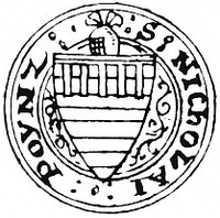 Seal of Hugh II Poyntz (d.1307), feudal baron of Curry Mallet, attached to the Barons' Letter to the Pope, 1301. (Apparently the seal of his father Nicholas I Poyntz (d.1273)). Arms: Barry of eight or and gules a label of five points. legend: S(IGILLUM) NICHOLAI POYNZ ("Seal of Nicholas Poyntz") Seal NicholasPoyntz LordOfCurryMallet Barons'Letter 1301.png