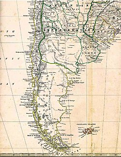 English map of 1861 showing the boundary between Chile and Argentina at the Rio Negro Sector del mapa South America. Southern Sheet. Keith Johnston, 1861.jpg