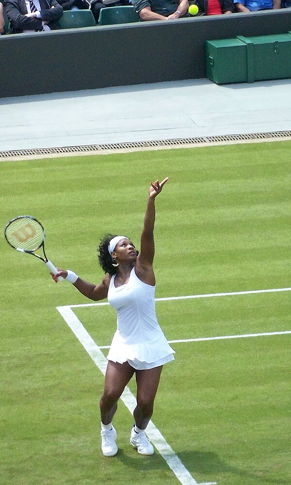 Serena Williams serving at the 2008 Wimbledon Championships.