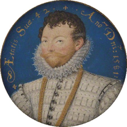 Portrait miniature by Nicholas Hilliard, 1581, inscribed Aetatis suae 42, An(n)o D(omi)ni 1581 ("42 years of his age, 1581 AD")