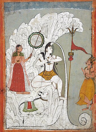 Shiva, as Gangadhara,  bearing the Descent of the Ganges, as the goddess Parvati, the sage Bhagiratha, and the bull Nandi look on (circa 1740).