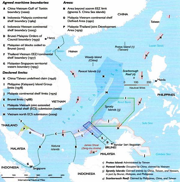 South China Sea claims and agreements (showing the nine-dash line as well as an additional tenth dash near the island of Taiwan).