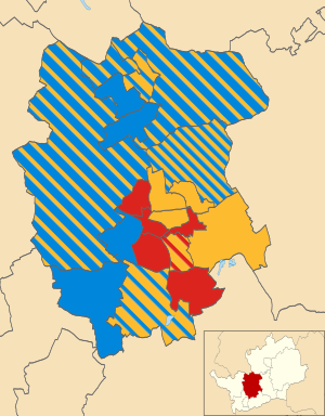 Map of the results of the 1999 St Albans City and District Council election. Liberal Democrats in yellow, Conservatives in blue and Labour in red. St Albans UK local election 1999 map.svg