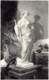 Lithographie de Célestin Nanteuil représentant la statue d’Hébé qu’exécutait Mélingue lors des représentations de Benvenuto Cellini.