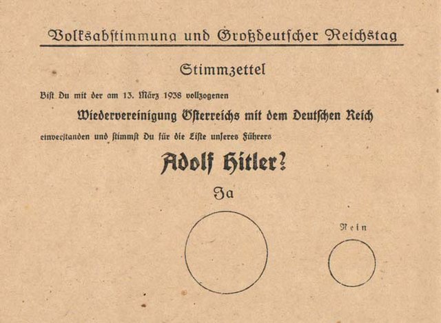 Ballot reading: "Do you approve of the reunification of Austria with the German Reich accomplished on 13 March 1938 and do you vote for the list of ou