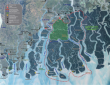 A map of the protected areas of the Indian Sunderbans, showing the boundaries of the tiger reserve, the national park and the three wildlife sanctuaries, conservation and lodging centres, subsistence towns, and access points. The entire forested (dark green) area constitutes the Biosphere Reserve, with the remaining forests outside the national park and wildlife sanctuaries being given the status of a reserve forest. Sunderbans map.png