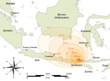 Carte de l'Indonésie montrant des cercles concentriques pour les différentes épaisseurs, de 1 cm à 1m.