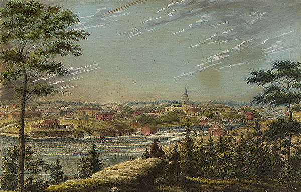 Tampere seen from the Messukylä side of Tammerkoski in the 1837 artwork by Pehr Adolf Kruskopf