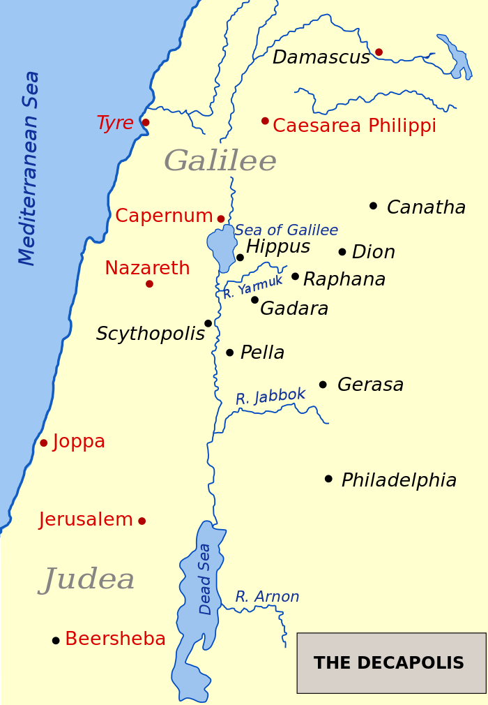 Towns in Roman controlled Judea and Galilee (in red) and Decapolis (in black). Perea is the area south of Pella on the eastern side of River Jordan.