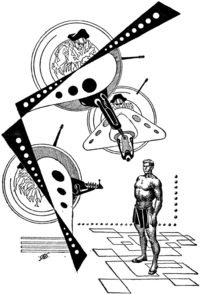 Ilustrace k povídce Zlatý muž z roku 1954.
