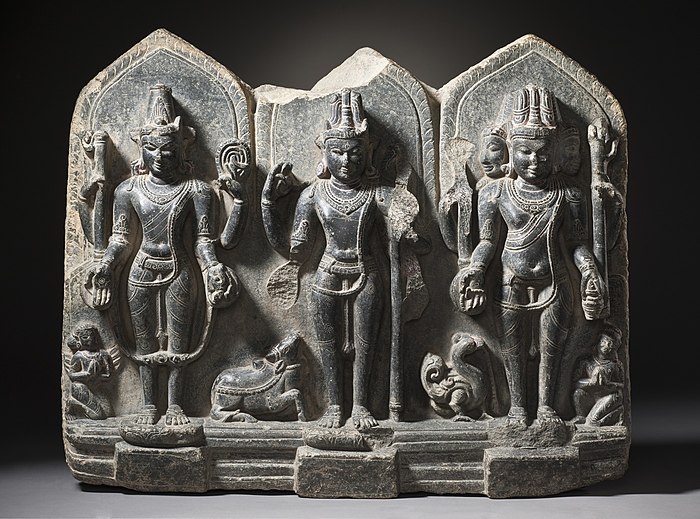 A 10th century triad – Vishnu, Shiva and Brahma – from Bihar.