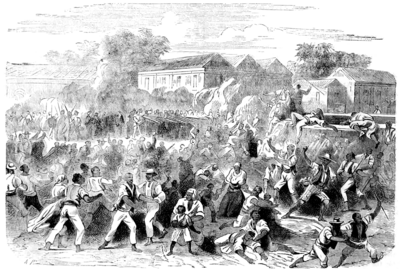 THE JAMAICA INSURRECTION: VOLUNTEERS FIRING ON THE MOB.