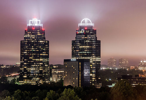 The contemporary skyline of Sandy Springs is dominated by the Concourse office towers.