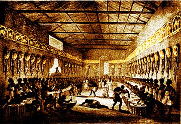 The banquet hall in the palace of King Sahle Selassie painting from a photo, Ethiopia (1852)