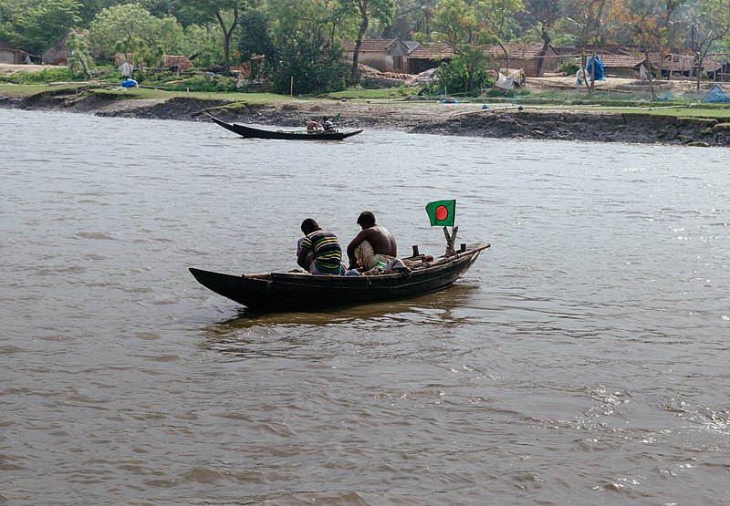 চিত্র:Two Bangladeshi fisherman tending their nets on their country boat in Ichamati river. The river Bank is Sripur town in Khulna division, Bangladesh. Photo taken from a steamer.jpg