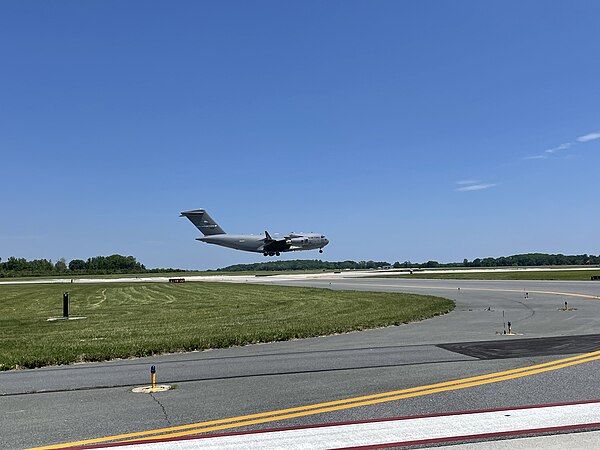 A U.S. Air Force Boeing C-17 Globemaster III landing at Dover Air Force Base in May 2022