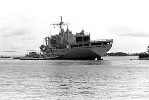 USS White Plains (AFS-4) aground at Polaris Point, Apra Harbor, Guam (USA), 30 August 1992 (6484520).jpg