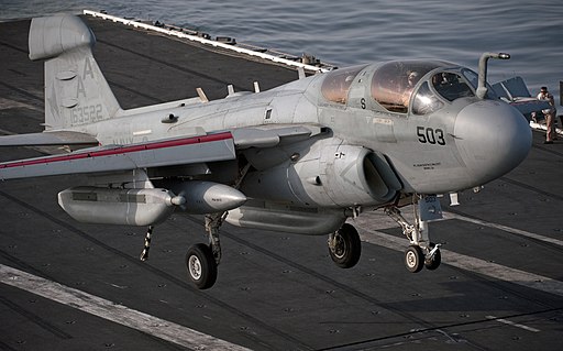 US Navy 110220-N-DR144-414 An EA-6B Prowler assigned to Electronic Attack Squadron (VAQ) 134 lands aboard the Nimitz-class aircraft carrier USS Car