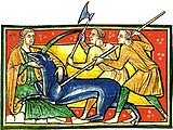 une licorne bleue blessée au flanc par deux hommes réconfortée par une femme.