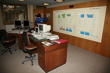 Control room and schematics of the water purification plant of Lac de Bret, Switzerland