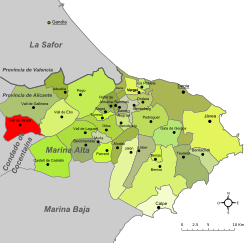 Localización de Vall de Alcalá respecto a la Marina Alta