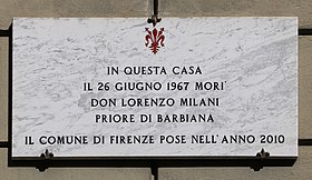 Via masaccio 218, plaque à don lorenzo milani 2010.jpg